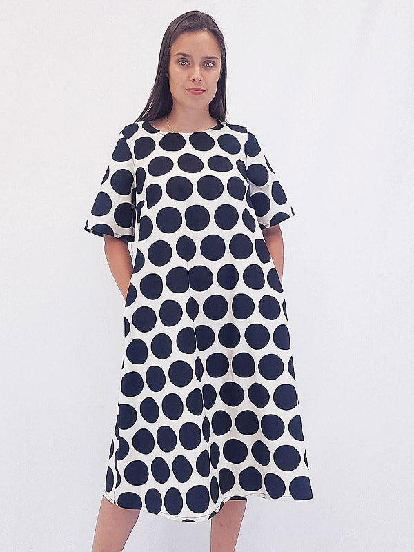 Il Vento E La Seta medvilninė A silueto suknelė "Dinno Ecru - Navy Big Dots"
