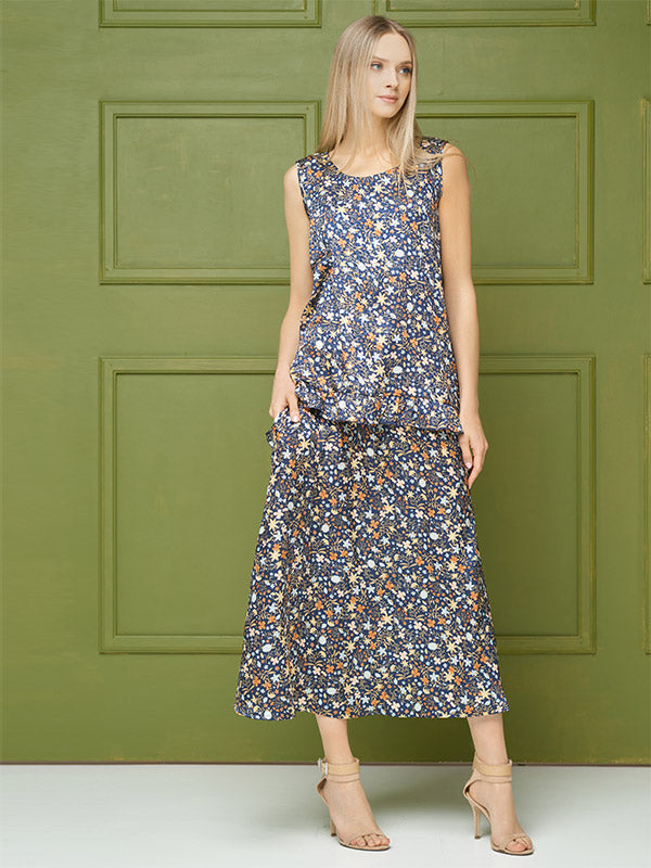 Lega atlasinis midi sijonas "Holly Navy - Multicolor Flower Print"