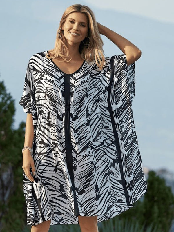 Charmline paplūdimio viskozinis kaftanas "Ink Art White - Black"