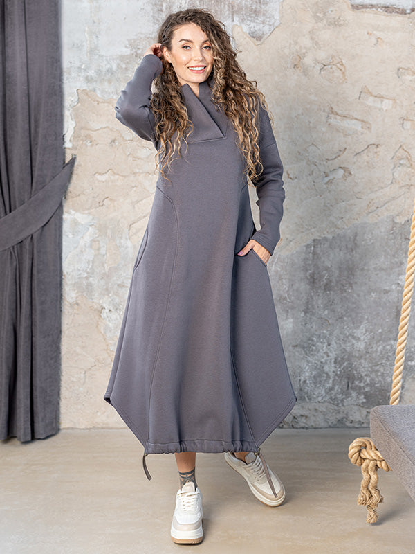 Lega medvilninė midi suknelė su pūkeliu iš vidaus "Deina Graphite"