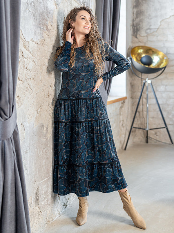 Lega veliūrinė midi suknelė "Kayla Navy - Turquoise Flower Print Velour"