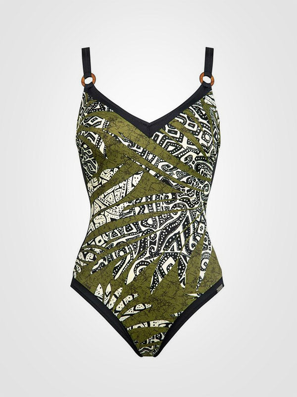 Charmline liekninantis vientisas maudymosi kostiumėlis "Night Garden Khaki - Black - White"