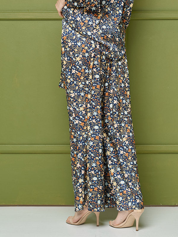 Lega plačios atlasinės kelnės "Zoyla Navy - Multicolor Flower Print"