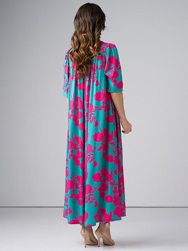Lega ilga viskozinė suknelė "Giada Green - Fuchsia Flower Print"