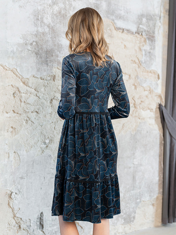 Lega laisvo silueto veliūrinė suknelė "Rafaela Navy - Turquoise Flower Print Velour"
