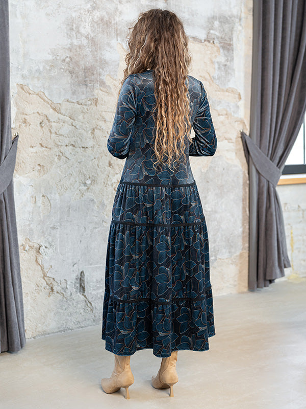 Lega veliūrinė midi suknelė "Kayla Navy - Turquoise Flower Print Velour"