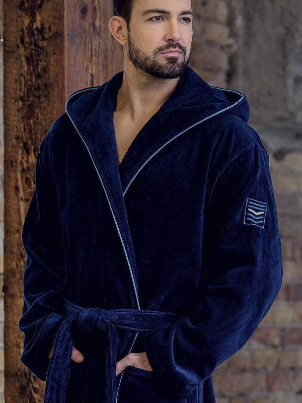 Belmanetti vīriešu kokvilnas halāts ar kapuci "Dylan Velour Dark Blue"