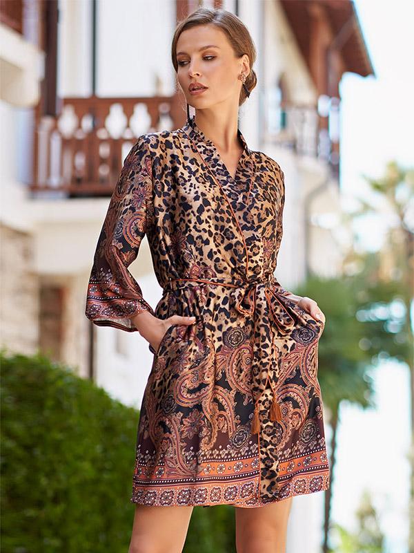 MiaMia zīda halāts "Cleopatra Multicolor Leopard Print"