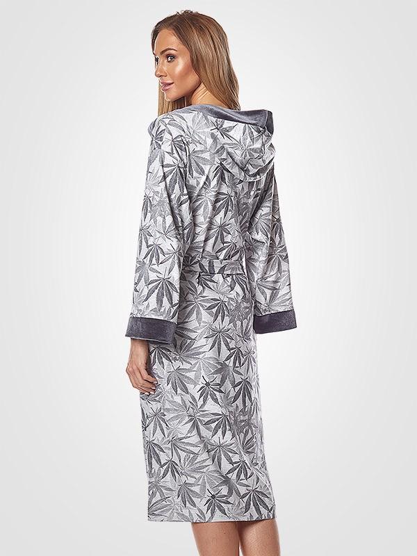 L&L garš kokvilnas halāts ar kapuci "Sophia Grey Leaves Print"