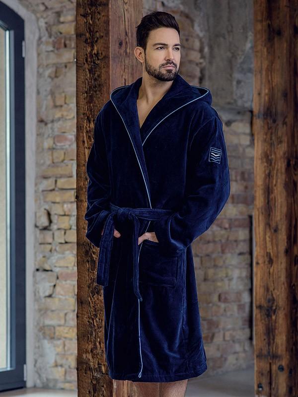 Belmanetti vīriešu kokvilnas halāts ar kapuci "Dylan Velour Dark Blue"