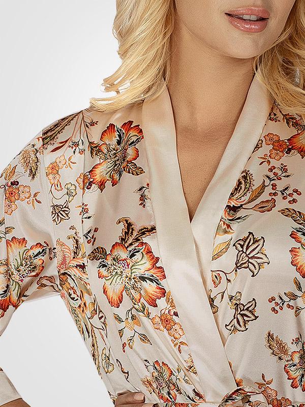 Donna satīna halāts ar mežģīnēm "Paris Beige - Multicolor Floral Print"