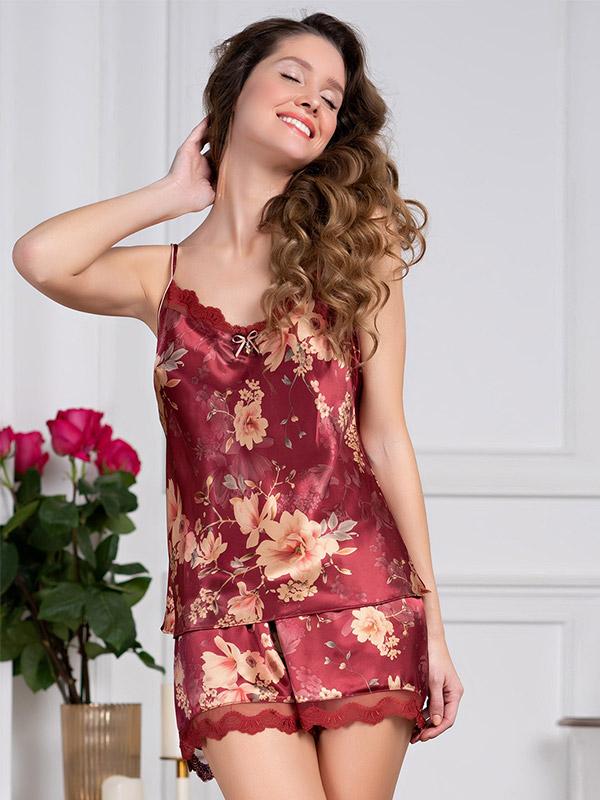 MiaMia zīda pidžama "Burgundia Bordeaux Flower Print"