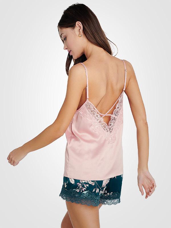 Esotiq satīna pidžama ar mežģīnēm "Dearly Short Teal - Pink Floral Print"