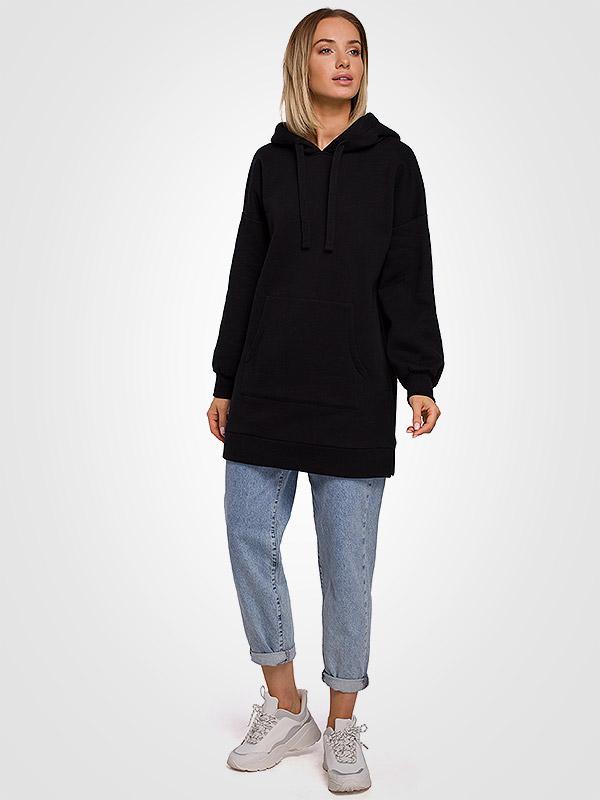 MOE garš oversize kokvilnas džemperis ar kapuci "Bianca Black"