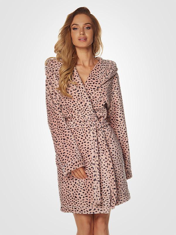 L&L īss halāts ar kapuci "Misti Dusty Pink - Black Dots"