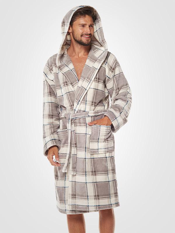 L&L vīriešu halāts ar kapuci "Cross Hood Grey - White Squares"