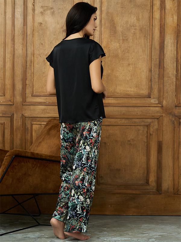 Lega atlasa pidžama ar garām biksēm "Madona Black - Multicolor Floral Print"