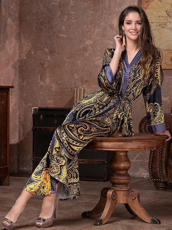 MiaMia garš zīda halāts ''Armani Gold Dark Blue Ornament Print'