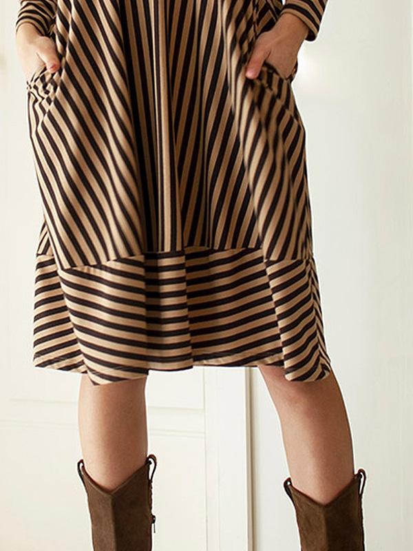 MOU svītraina kleita ar augstu apkakli "Frina Cappuccino - Brown Stripes"