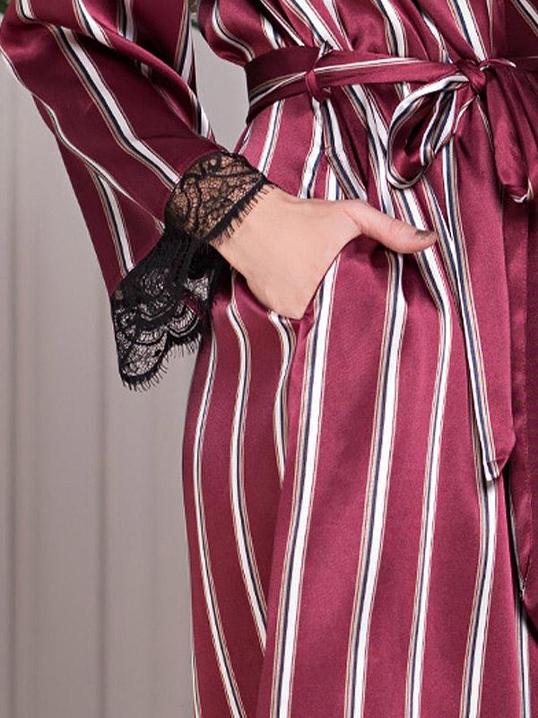 MiaMia atlasa halāts ar mežģīnēm "Normandia Bordeaux - White Stripes"