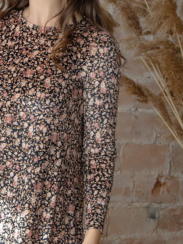Lega brīva silueta velūra kleita "Ellen Black - Cream - Rose Flower Print Velour"