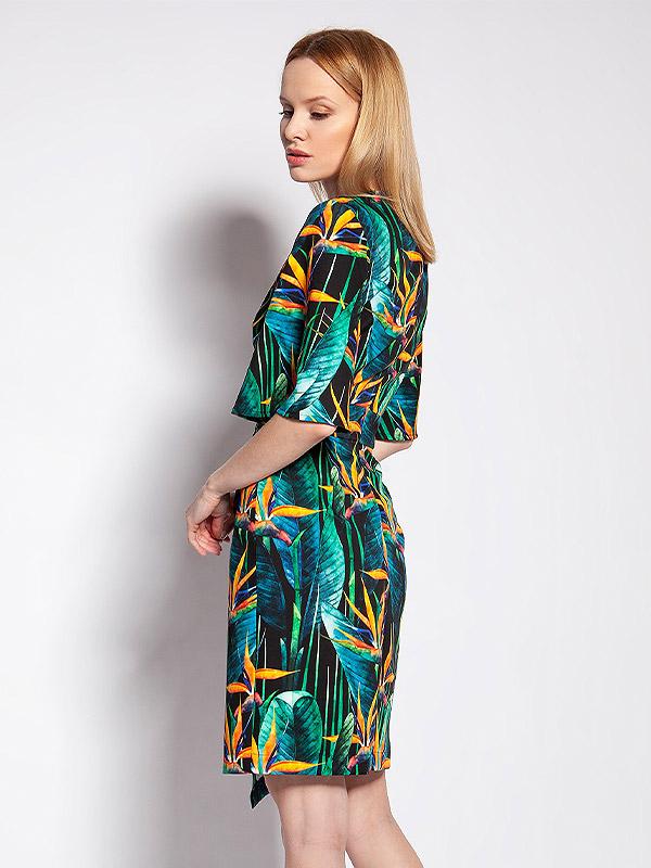 Lanti asimetriska kleita ar platām piedurknēm "Kamila Green - Orange Bamboo Flower Print"