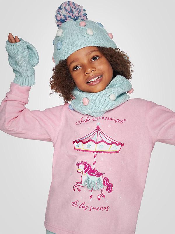 Muydemi длинная тёплая детская пижама "Unicorn Carousel Pink - Light Blue"