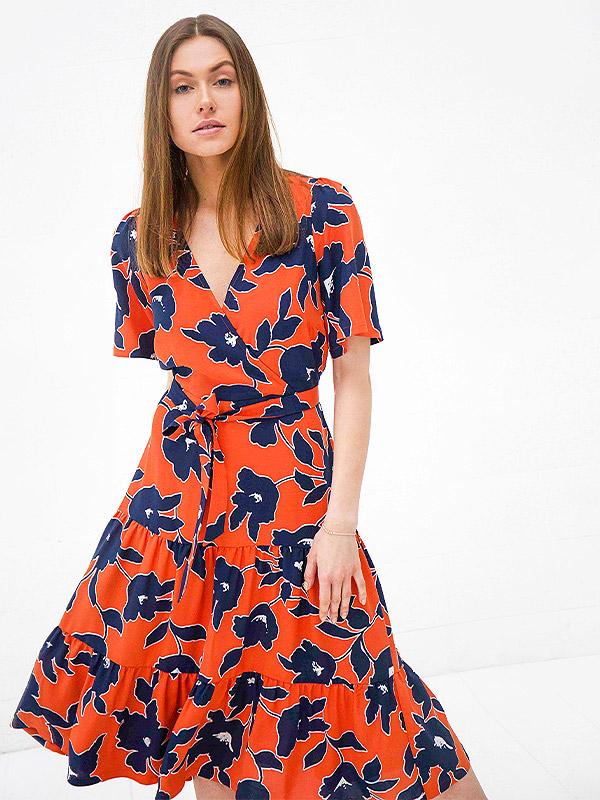 Atella viskozes kleita "Bella Orange - Navy Flowers Print"