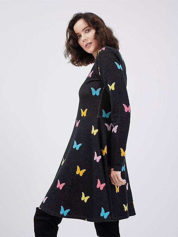 Utenas dizaineres A. Kuzmickaites kokvilnas kleita ar adītiem tauriņiem "Kaia Black - Multicolor"