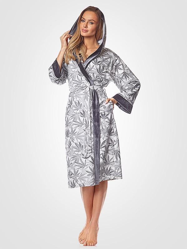 L&L garš kokvilnas halāts ar kapuci "Sophia Grey Leaves Print"