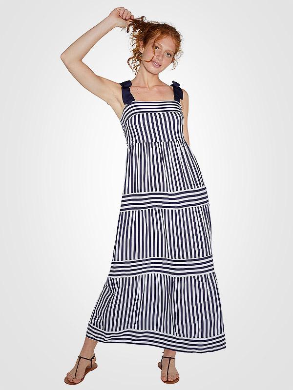 Ysabel Mora viskozes maxi kleita "Somma Navy - White Stripes"