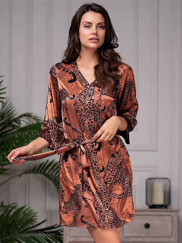 MiaMia zīda halāts "Amazonka Brown - Black Cheetah Print"