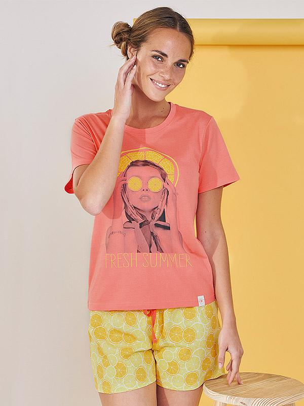 Muydemi īsa kokvilnas pidžama "Anika Coral - Yellow"