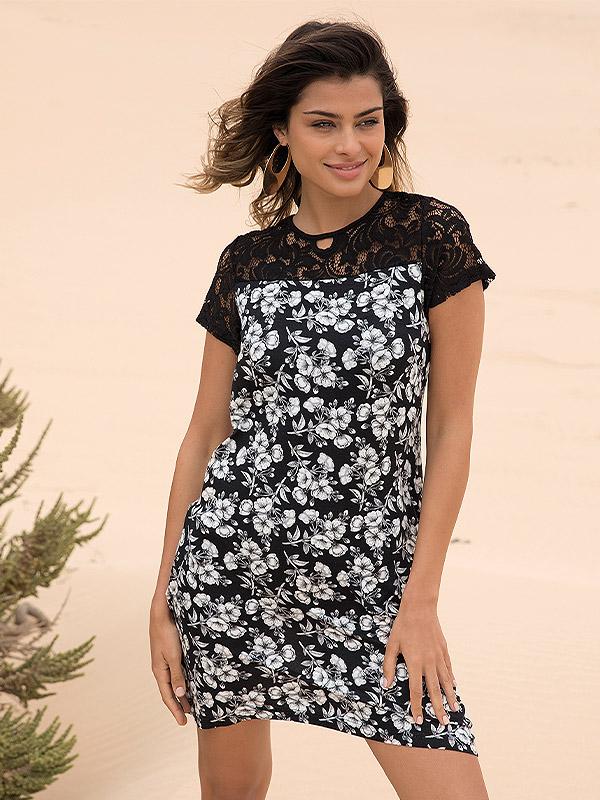 Ysabel Mora mežģīņu pludmales kleita "Arely Black - White Flower Print"