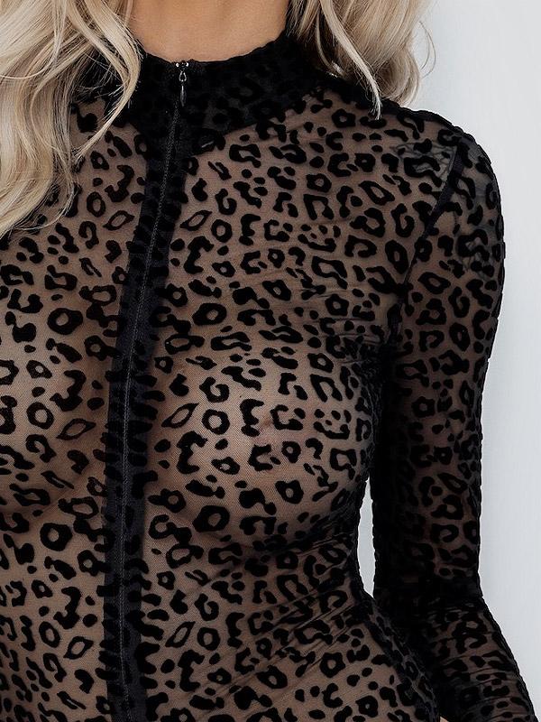 Noir Handmade caurspīdīga tilla triko ar rāvējslēdzēju  "Cheetah Velour Black"
