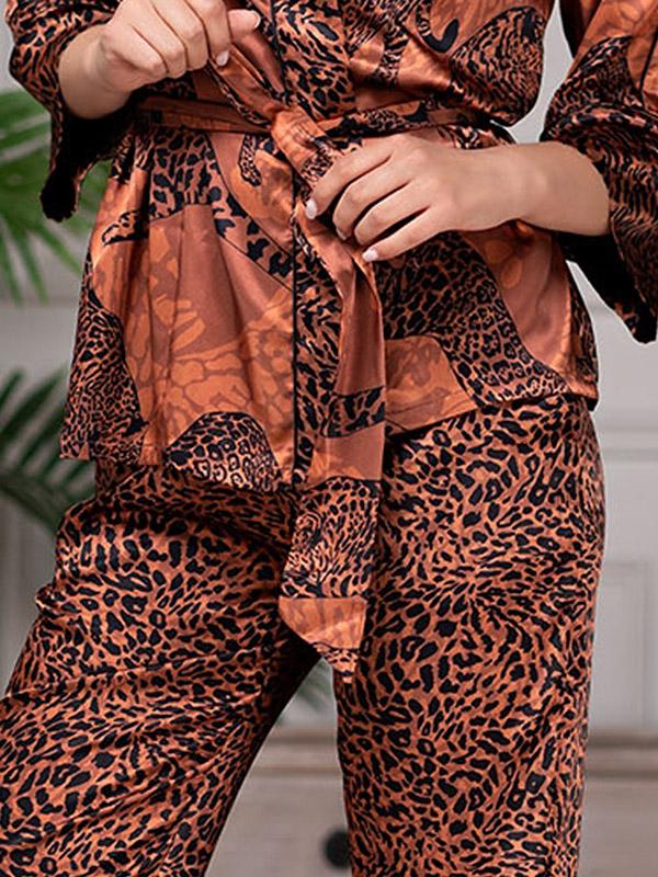 MiaMia длинный шелковый пижамный комплект из 3 частей "Amazonka Brown - Black Cheetah Print"