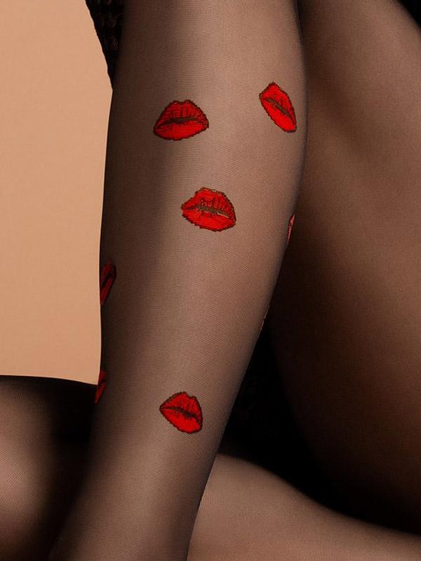 Fiore rakstainas zeķubikses "Kiss Me 15 Den Black - Red Lips"