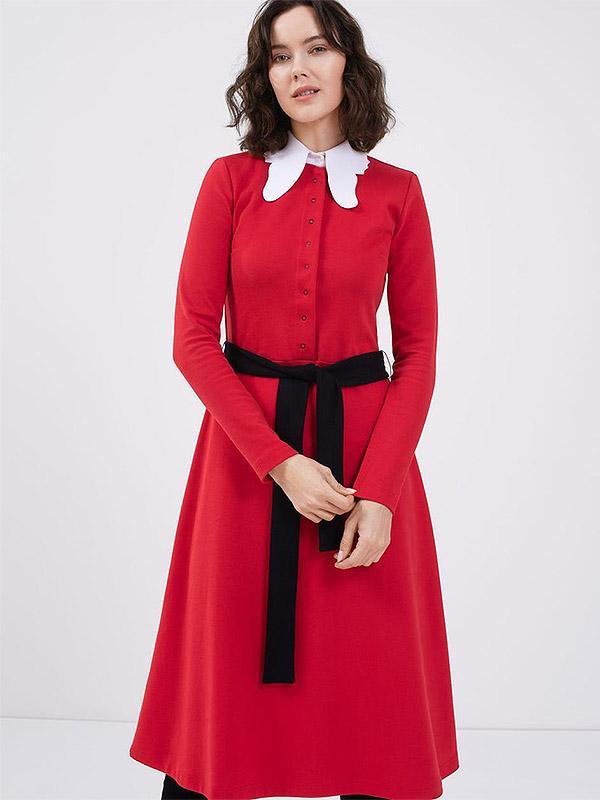 Utenas dizaineres A. Kuzmickaites kokvilnas kleita ar tauriņa veida apkakli "Genie Red - White"