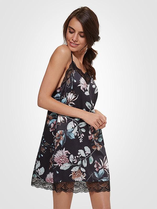 Esotiq атласная ночная сорочка с кружевом "Narissa Black - Multicolor Floral Print"