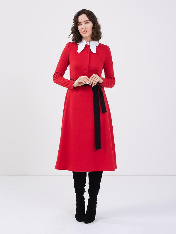 Utenas dizaineres A. Kuzmickaites kokvilnas kleita ar tauriņa veida apkakli "Genie Red - White"