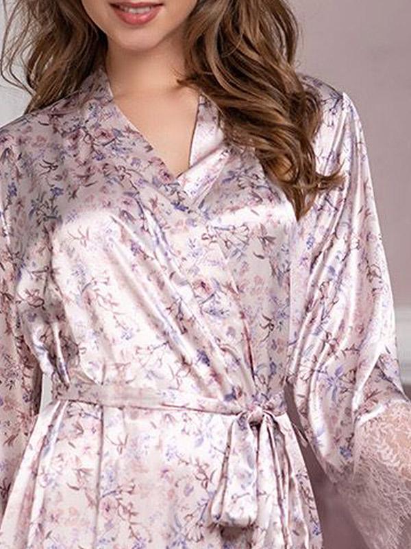 MiaMia garš zīda halāts ar mežģīnēm "Vladlena Long Pearl - Multicolor Floral Print"