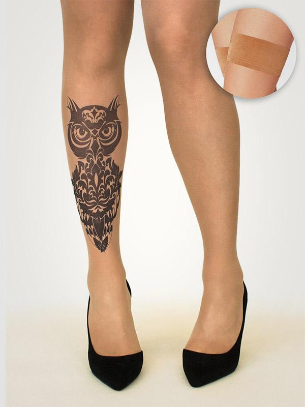 Stop & Stare pielīmējamās zeķes ar tetovējumu "Damask Owl 20 Den Sun"