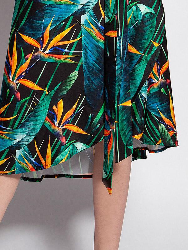 Lanti sasienama kleita ar platām piedurknēm "Ewa Green - Orange Bamboo Flower Print"