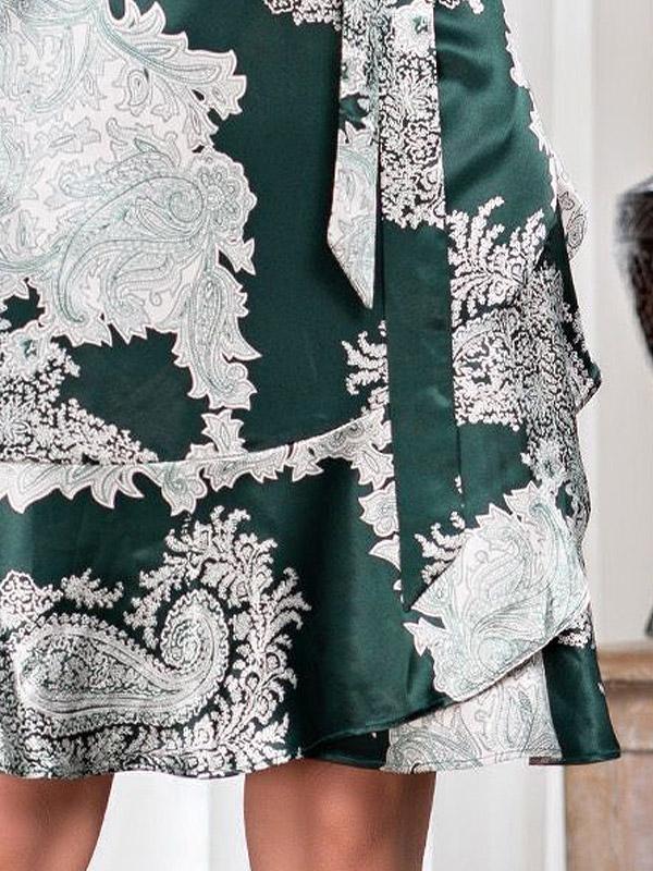 MiaMia zīda halāts ar mežģīnēm "Agata Emerald - White Ornament Print"
