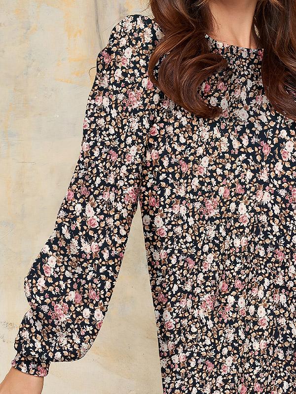 Lega velūra taisna piegriezuma kleita "Neda Black - Cream - Rose Flower Print Velour"