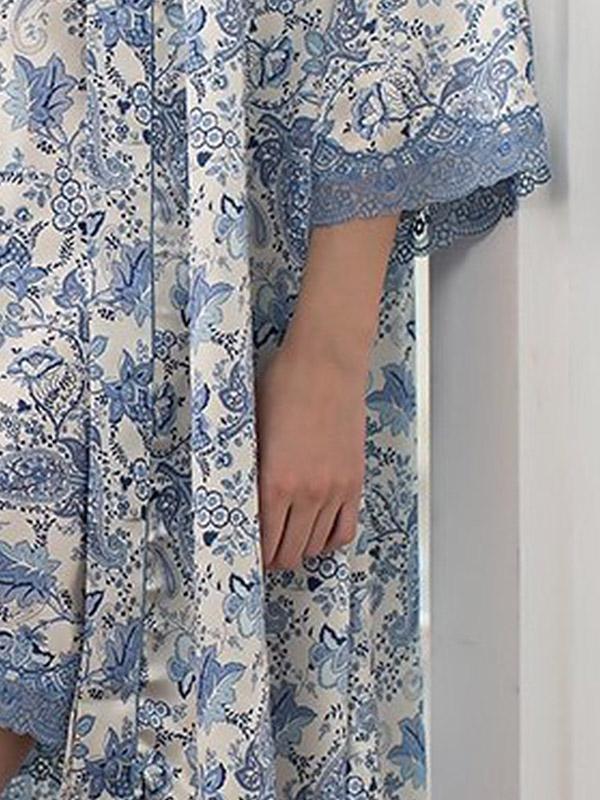MiaMia zīda halāts "Dolce Vita Pearl - Blue Floral Print"