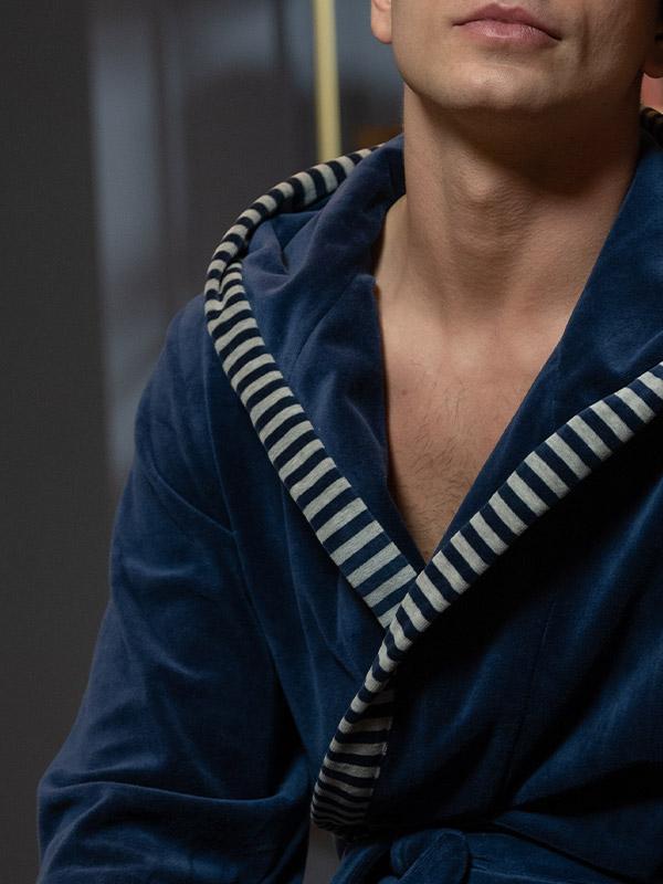 Belmanetti kokvilnas unisex halāts ar kapuci "Mike Dark Blue - Grey Velour"