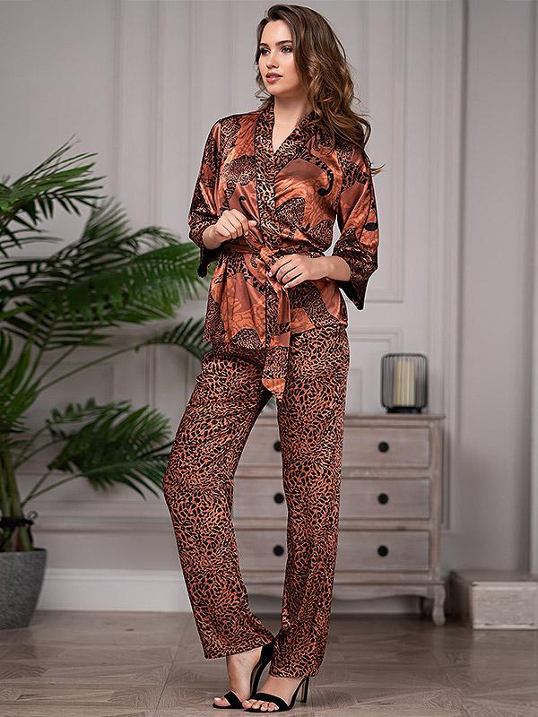 MiaMia длинный шелковый пижамный комплект из 3 частей "Amazonka Brown - Black Cheetah Print"
