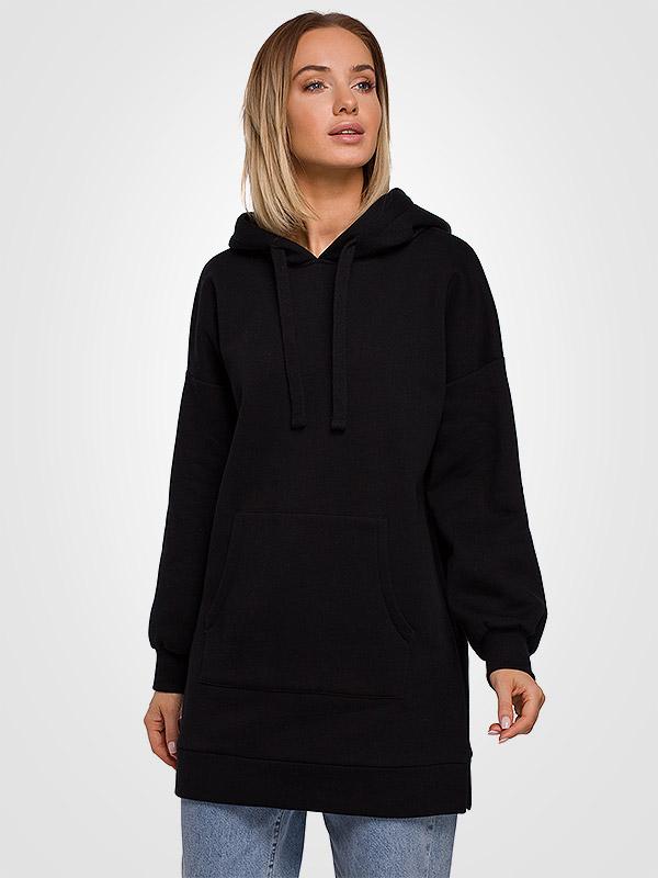 MOE garš oversize kokvilnas džemperis ar kapuci "Bianca Black"