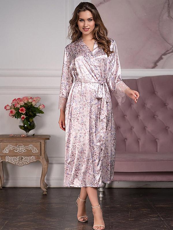 MiaMia garš zīda halāts ar mežģīnēm "Vladlena Long Pearl - Multicolor Floral Print"